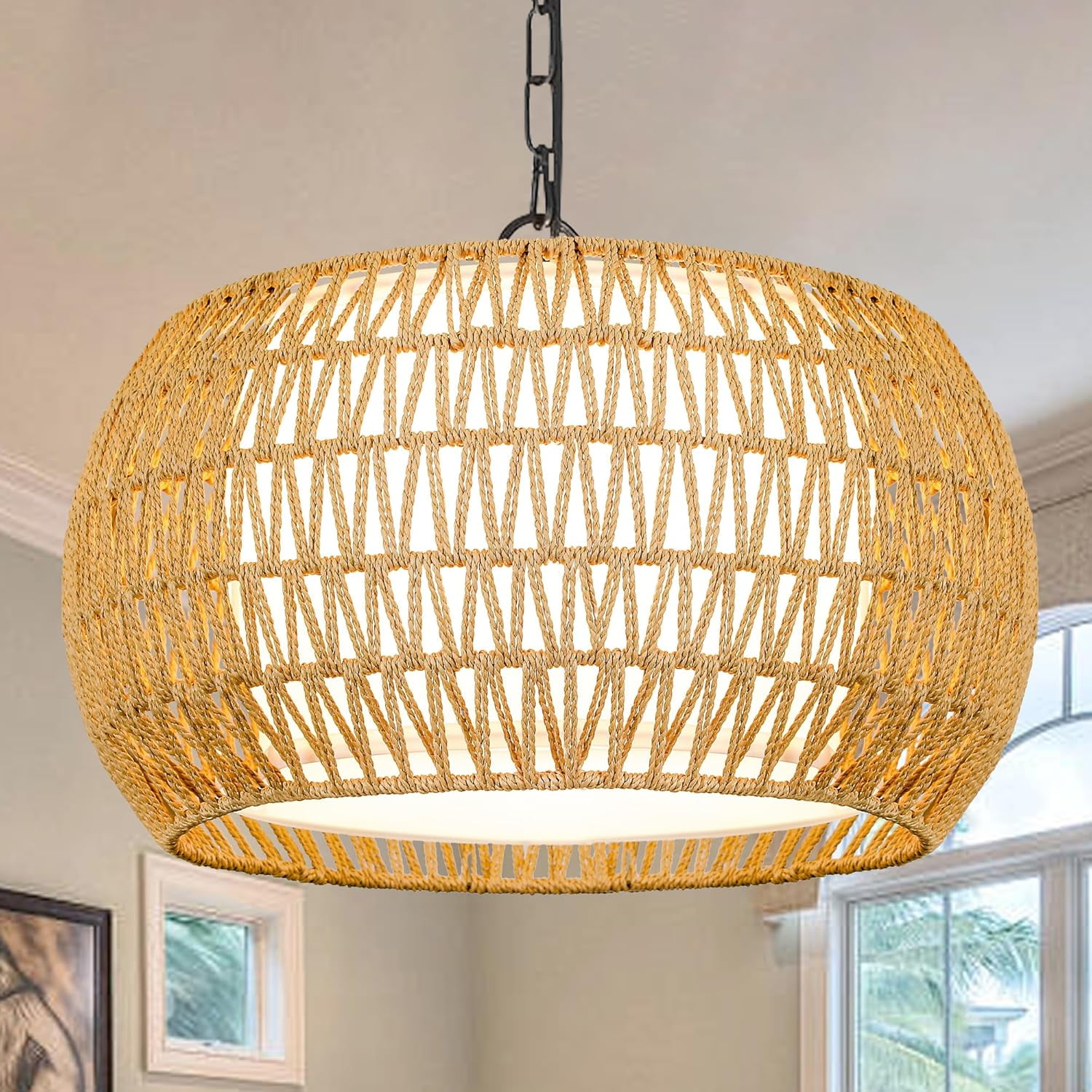 Boho Chandelier Light Fixture, Rattan Pendant Lights 4-Lights Farmhouse ...