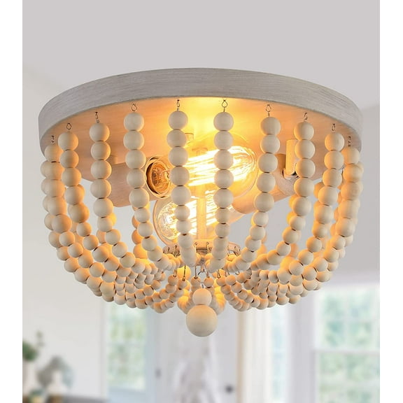 Boho Chandelier Wood Beaded Flush Mount Ceiling Light Fixtures for Nursery Baby Bedroom Kitchen Hallway,Oak White Finish,2-Lights