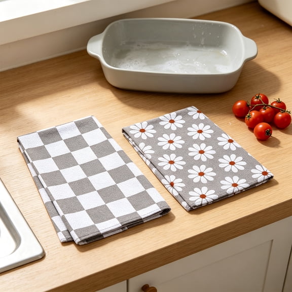 Boho Checkered Daisy Kitchen Towels,Absorbent Lint-Free Neutral Farmhouse Dish Towels for Bathroom,Restaurant,Home Decor
