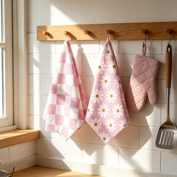 Boho Checkered Daisy Kitchen Towels,Absorbent Lint-Free Neutral Farmhouse Dish Towels for Bathroom,Restaurant,Home Decor