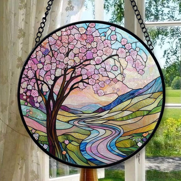 Boho Cherry Blossom Grove in Springtime Stained Glass Suncatcher Stained Glass Window Hangings Birthday Gift for Mom Grandma Teacher Women Friend Christmas, Stained Glass Ornament
