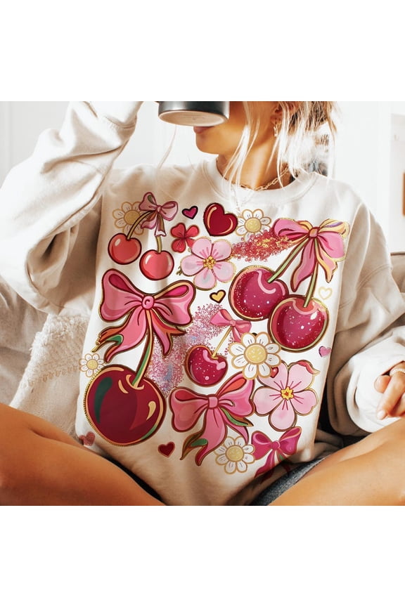 Boho Cherry Coquette Sweatshirt – Preppy Floral Berry Pullover for Women, Cute Summer Aesthetic Crewneck