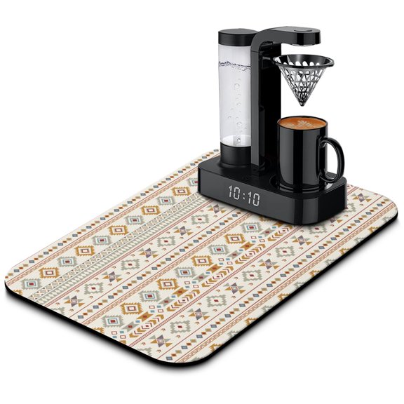Boho Chic Absorbent Coffee Bar Mat, Leak-Proof Dish Drying Mat with Vintage Tribal Style, Non-Slip Kitchen Mat for Countertop & Appliance Protection