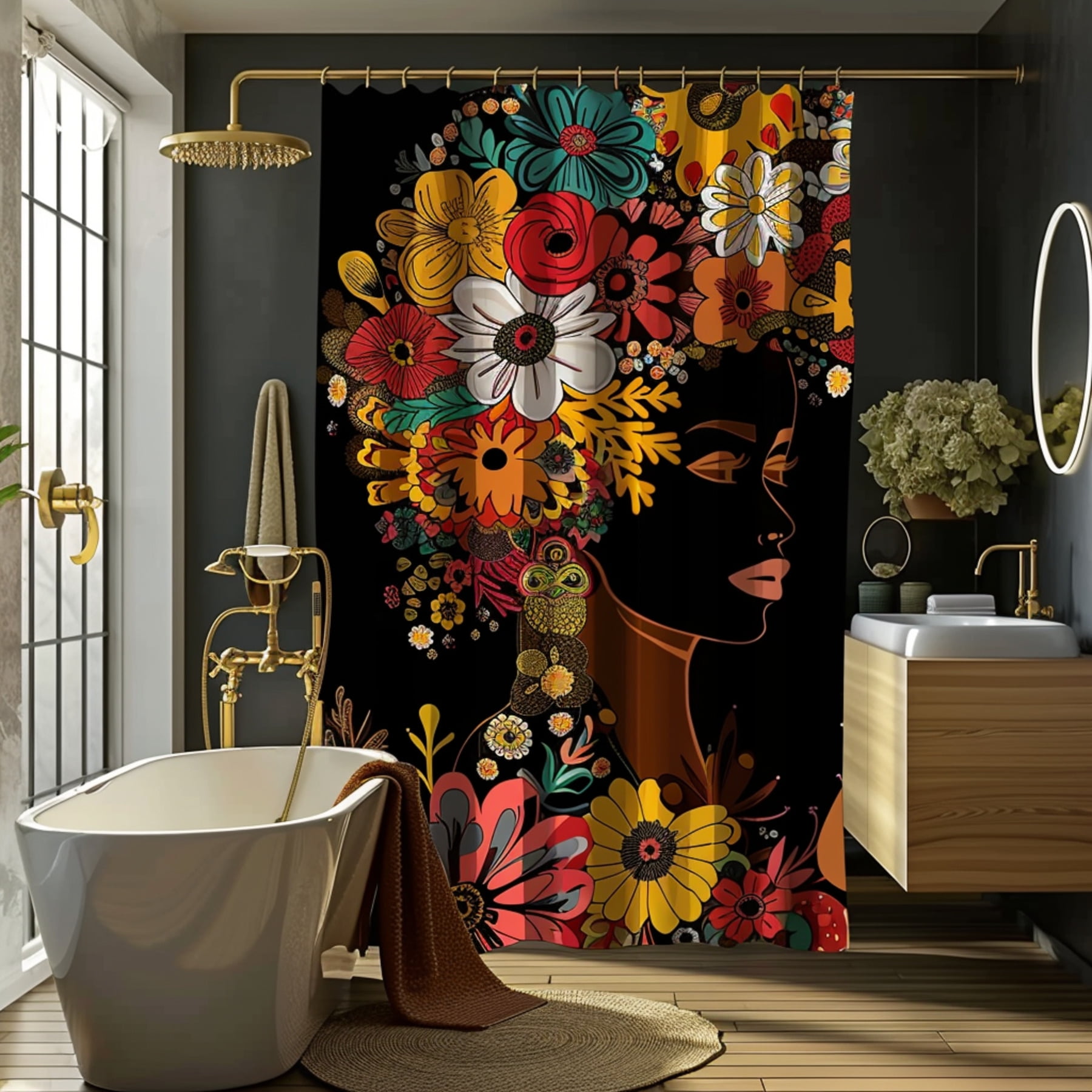 Boho Chic African Art Shower Curtain Vibrant Black Woman Design for
