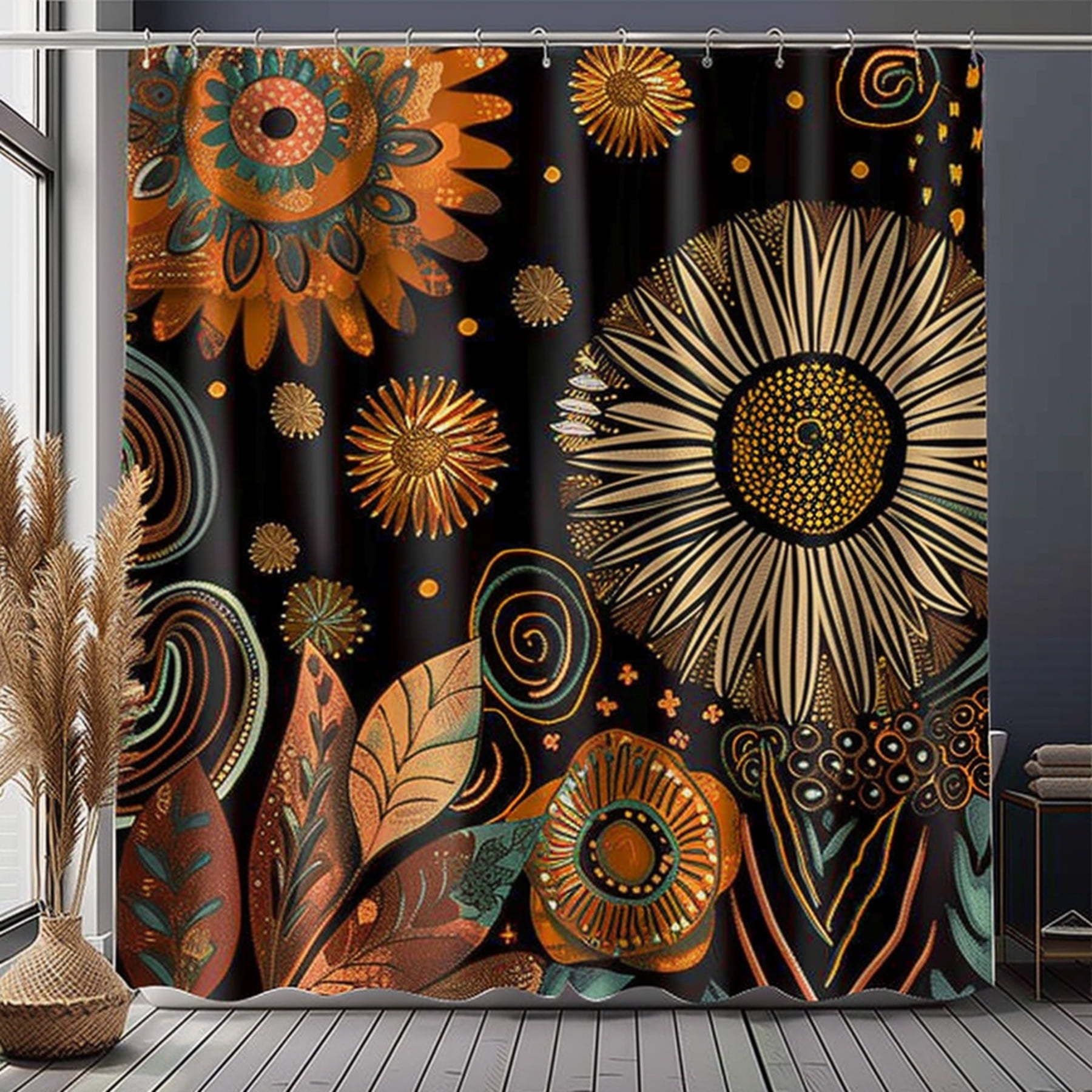 Boho Chic African Art Shower Curtain Vintage 70s Style with Sunflowers