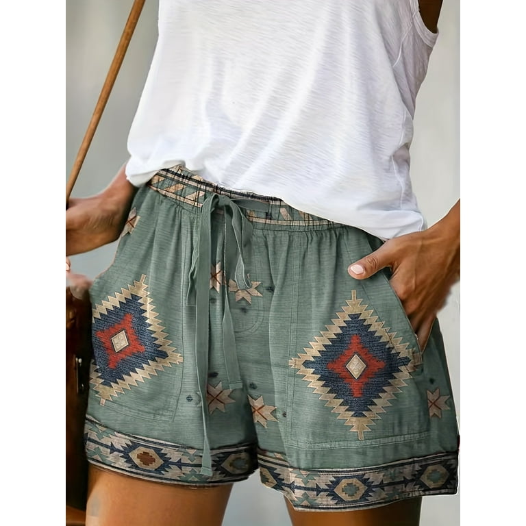 Boho Chic Aztec Print Shorts for Women Vintage Style Tie Waist Pockets All Season Easy Care Walmart