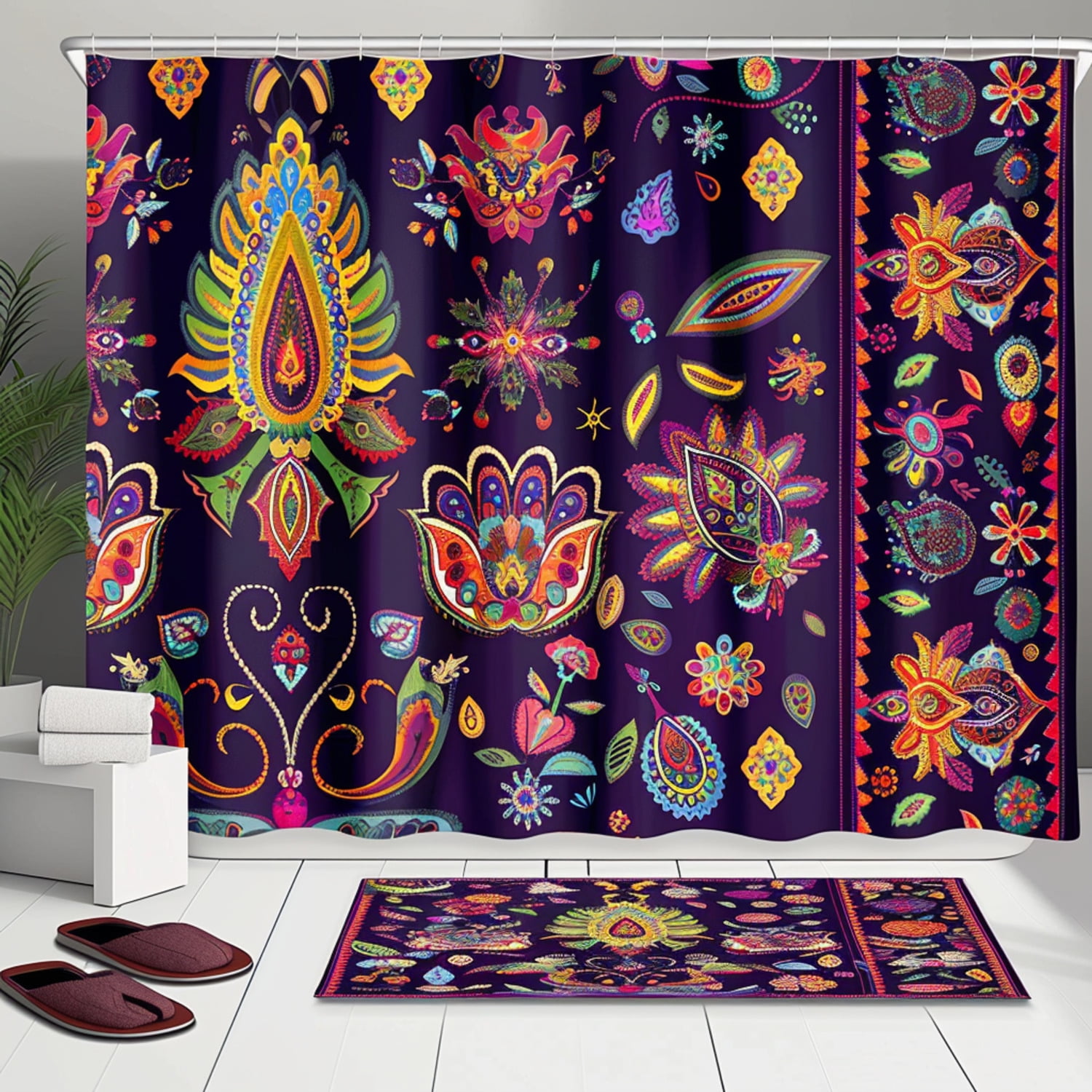 Boho Chic Bathroom Set: Vibrant Shower Curtain Towels and with Ethnic ...