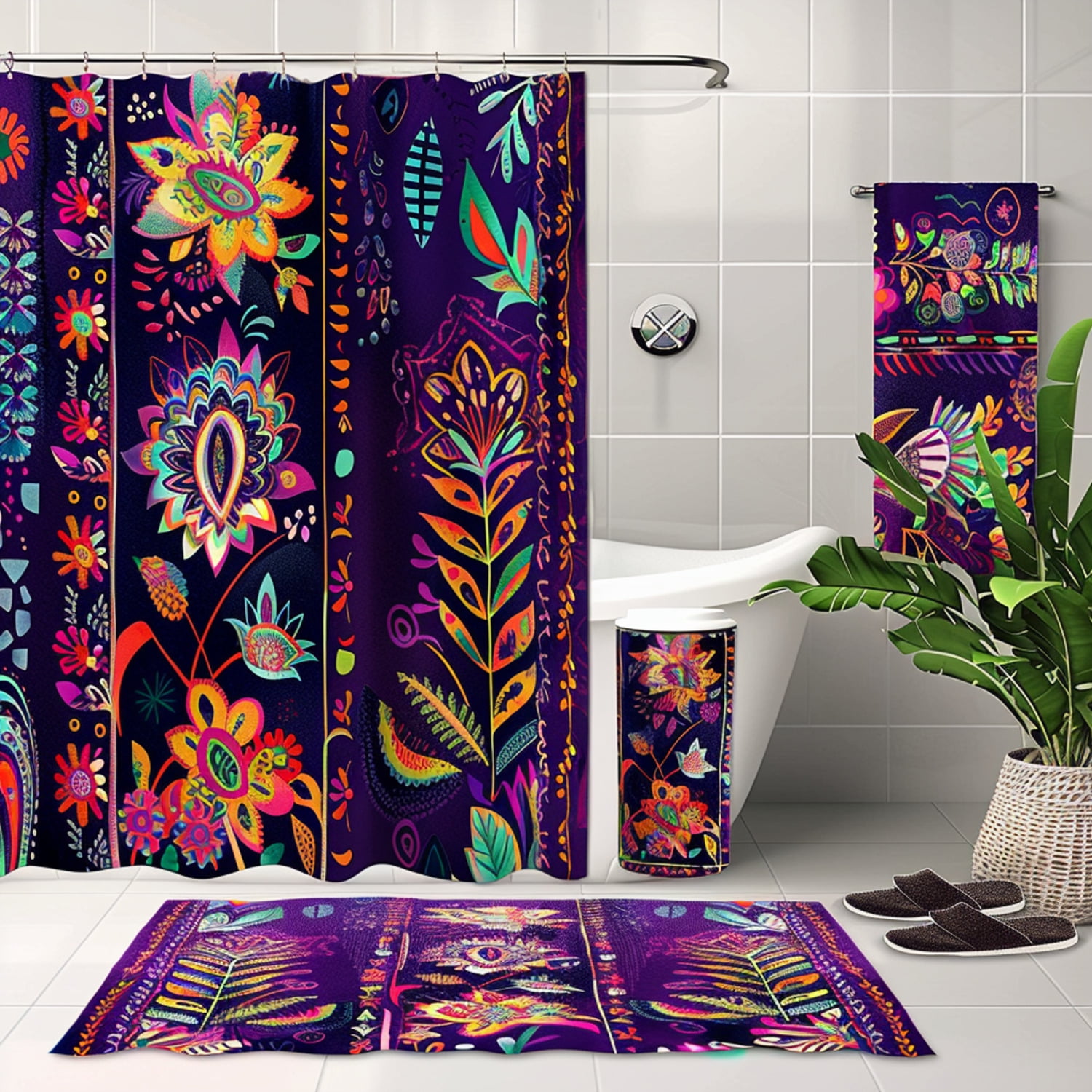 Boho Chic Bathroom Set with Vibrant Patterns and Ethnic Motifs on Dark