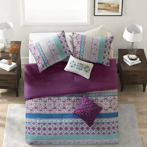Boho Chic Bedding Sets Polyester Microfiber Purple Comforter with Decorative Pillows