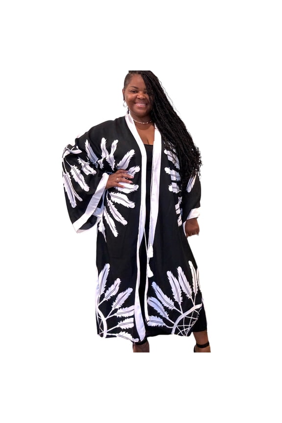 Womens Boho Chic Black Feathered Kimono