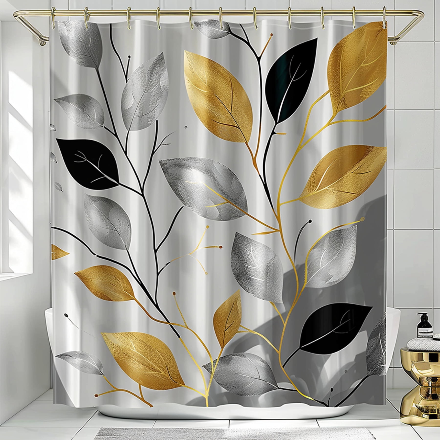 Boho Chic Black & Gold Leaf Shower Curtain Elegant Silver Background
