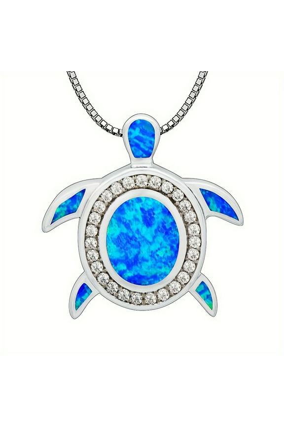 Boho-Chic Blue Opal Turtle Pendant Necklace - Silvery Plated, Vintage Hawaiian Beach Style for Women - Perfect Gift for Valentine's Day & Spring Season, Ocean Series,Blue