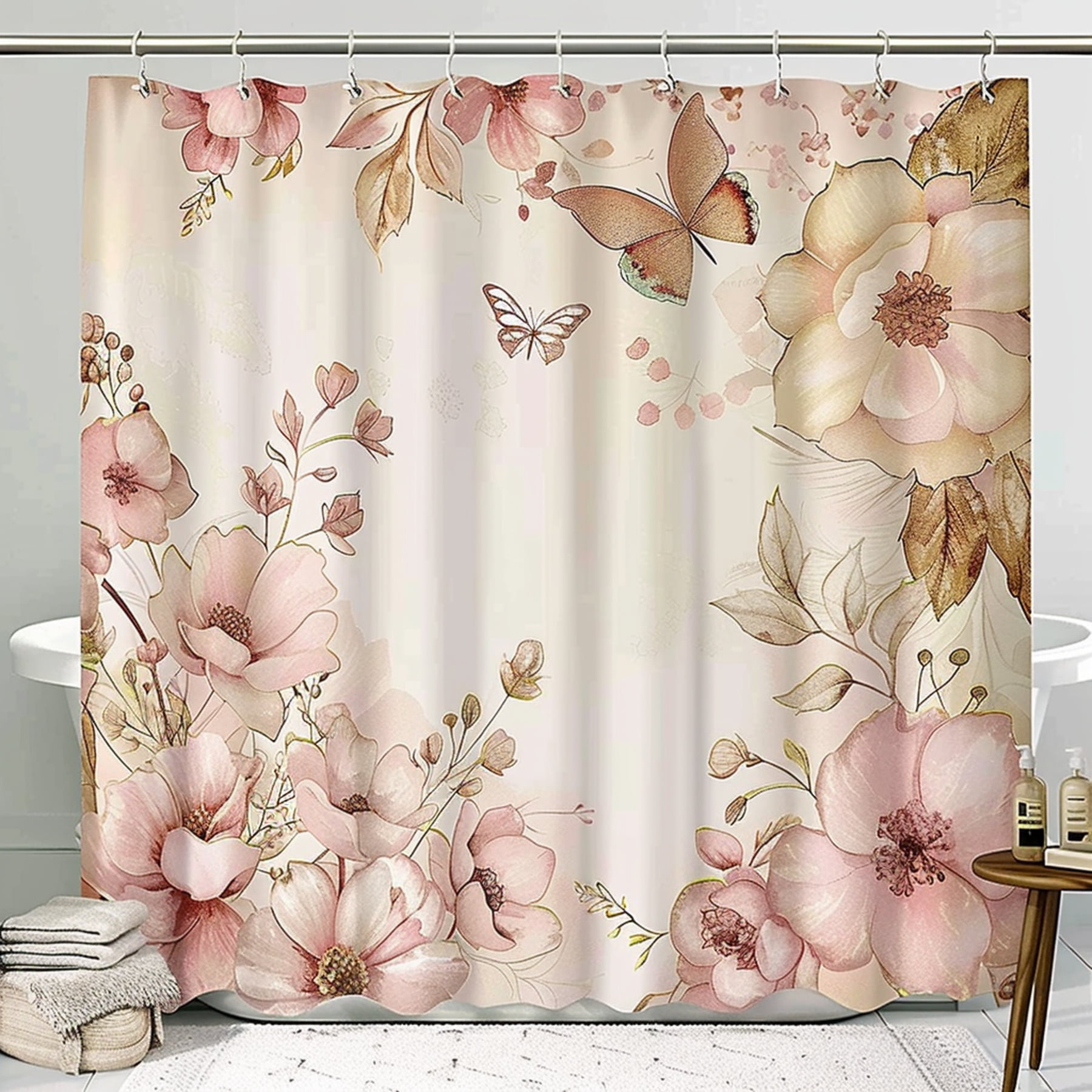 Boho Chic Butterfly and Floral Shower Curtain Pastel Pink and Beige