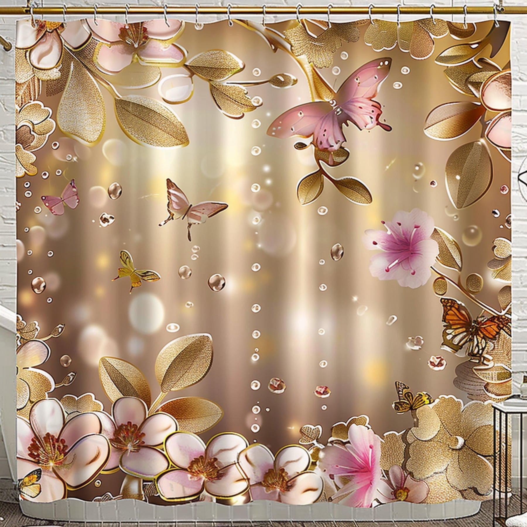 Boho Chic Butterfly and Floral Shower Curtain with Water Droplets Brown