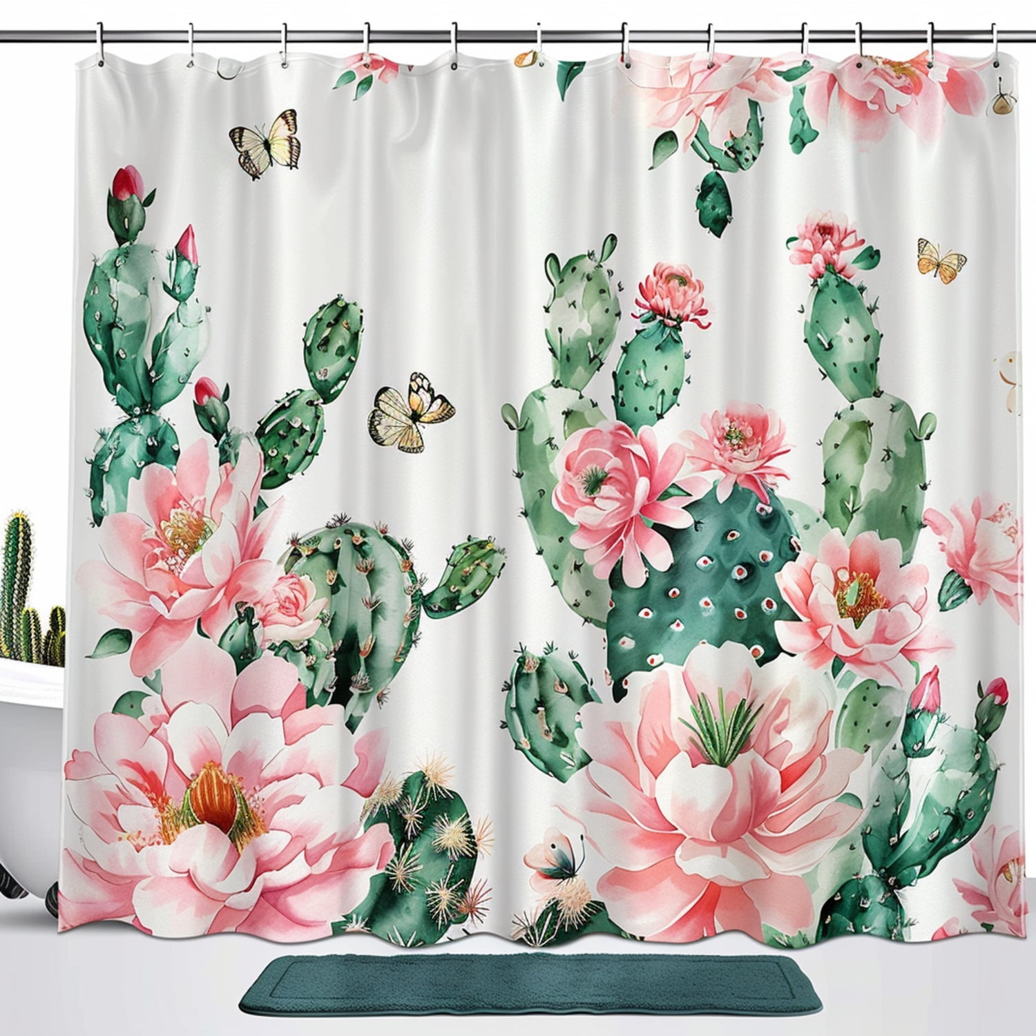 Boho Chic Cactus Flower and Butterfly Print Bathroom Curtain Set with ...