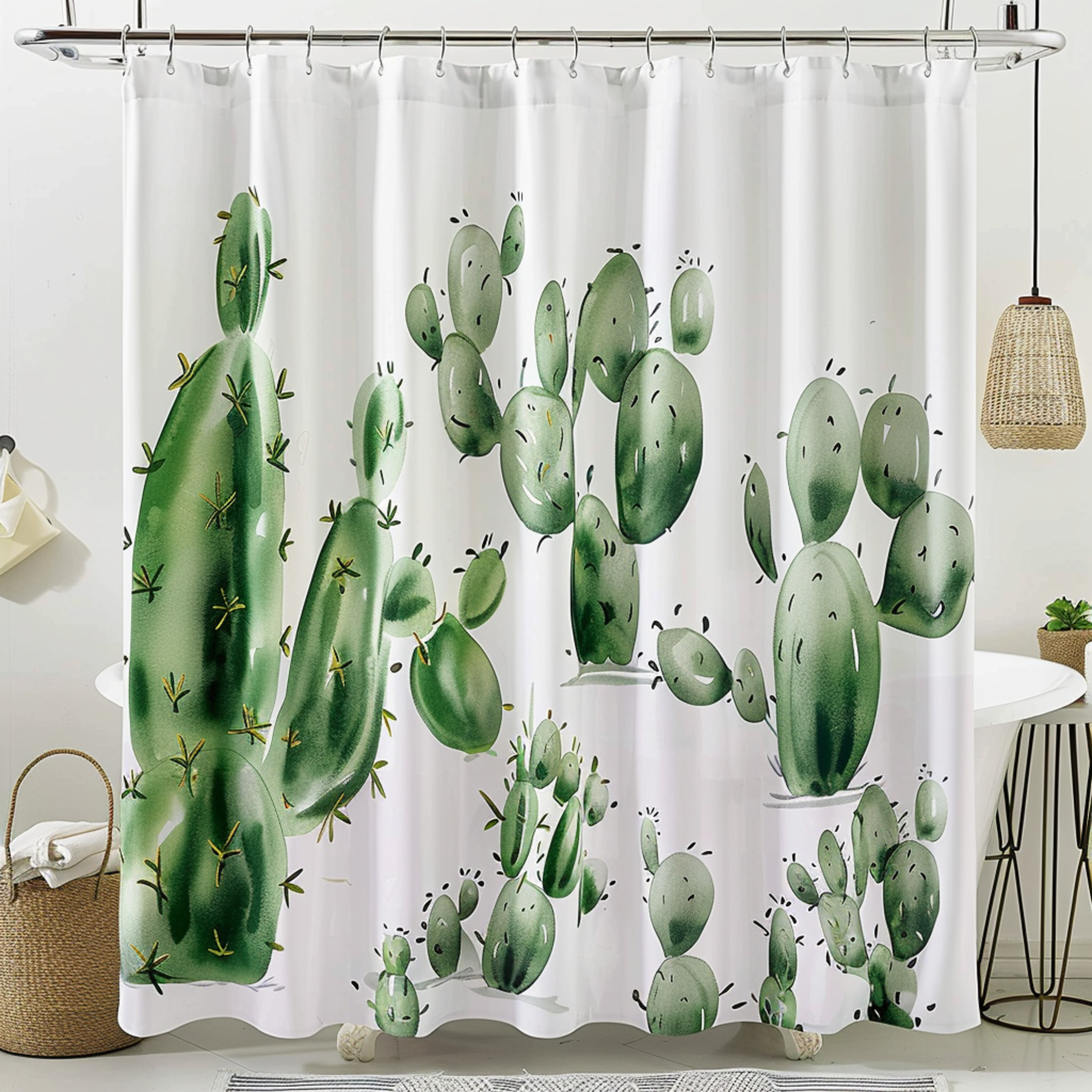 Boho Chic Cactus Shower Curtain Watercolor Style Green Cacti Design