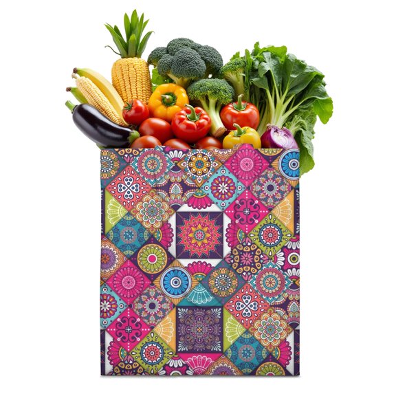 Boho Chic Canvas Tote Bag – Vintage Floral Tribal Pattern Reusable Grocery Bag, Abstract Geometric Earthy Aesthetic Shopping Bag for Women, Hippie & Artistic Lifestyle