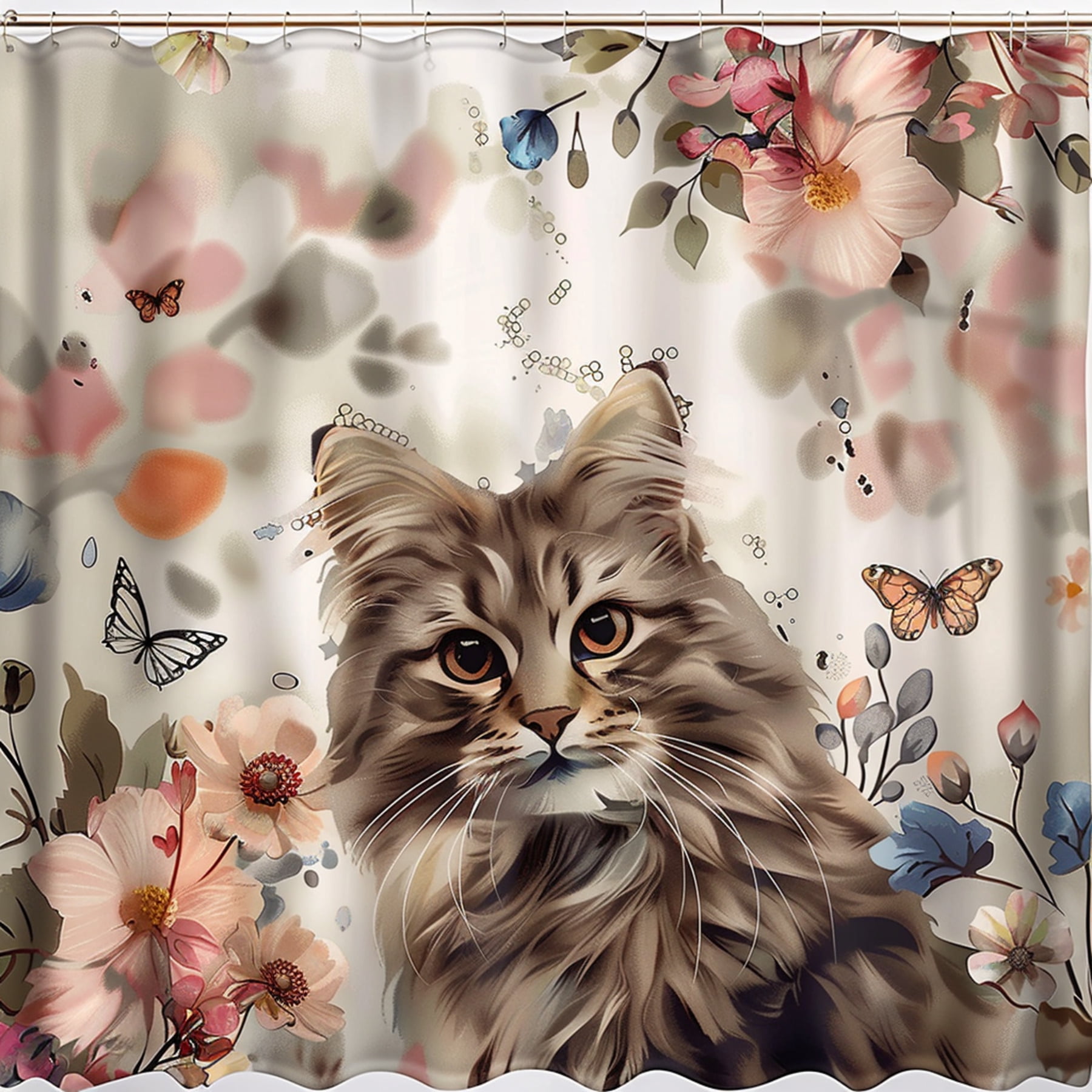 Boho Chic Cat Shower Curtain Scandinavian Style Painting Floral