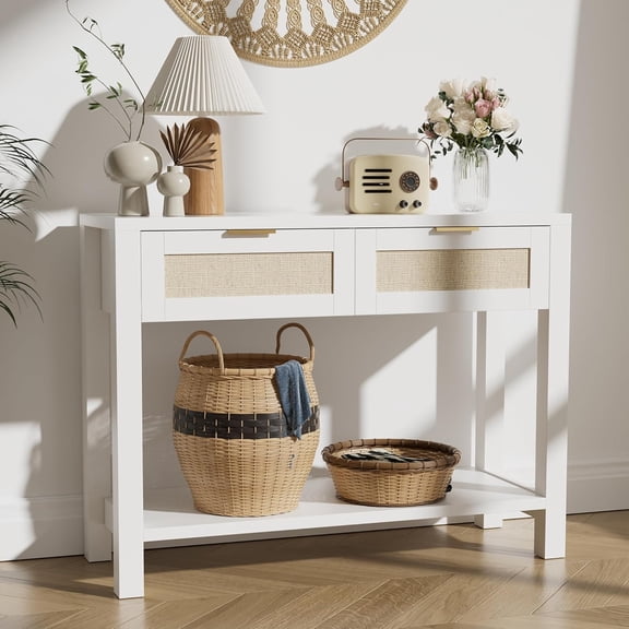 Boho Chic Console Table with 2 Rattan Drawers and Open Shelf Storage, Narrow Farmhouse Sofa Table for Small Space Entryway, Living Room,Hallway,White