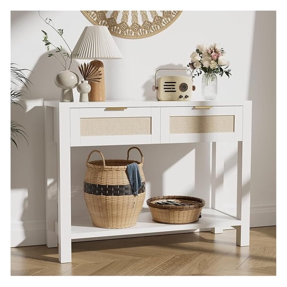 Boho Chic Console Table with 2 Rattan Drawers and Open Shelf Storage, Narrow Farmhouse Sofa Table for Small Space Entryway, Living Room,Hallway,White