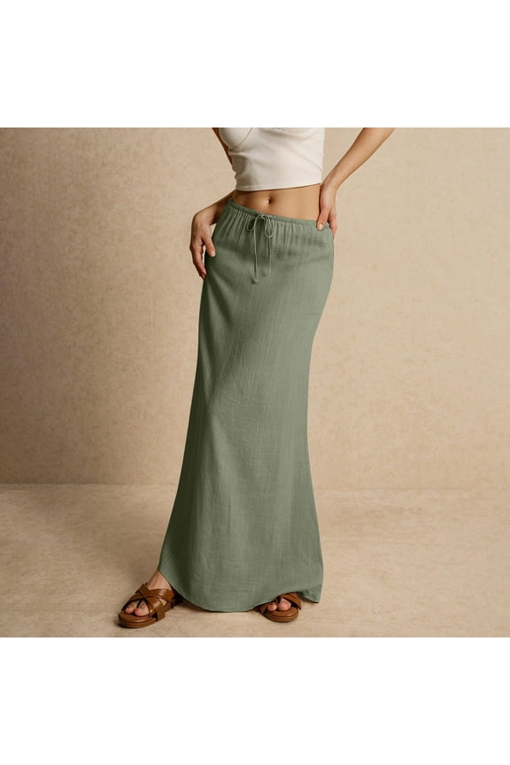 Boho-Chic Cotton Linen Skirt for Women Low Rise Drawstring Maxi Skirt Army Green L