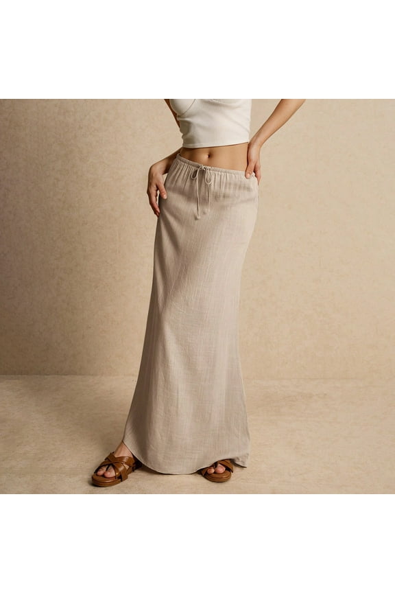 Boho-Chic Cotton Linen Skirt for Women Low Rise Drawstring Maxi Skirt Beige L