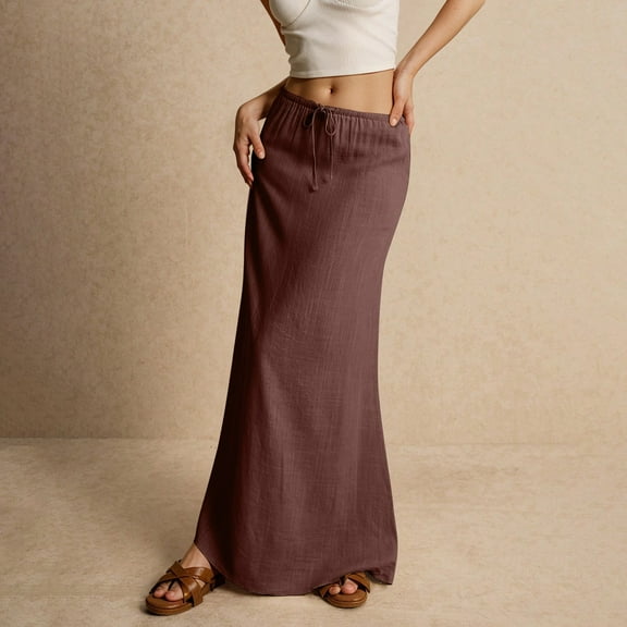 Boho-Chic Cotton Linen Skirt for Women Low Rise Drawstring Maxi Skirt Brown L