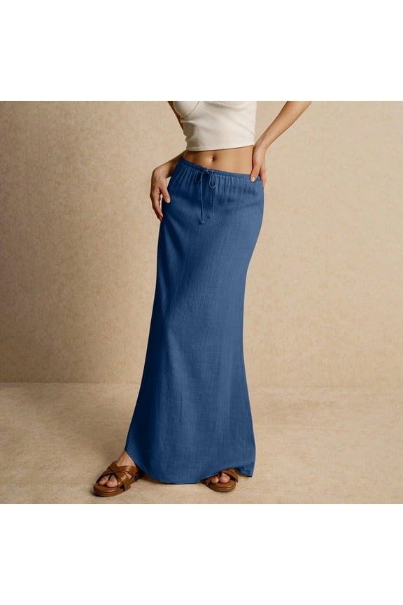 Boho-Chic Cotton Linen Skirt for Women Low Rise Drawstring Maxi Skirt Dark Blue XXL
