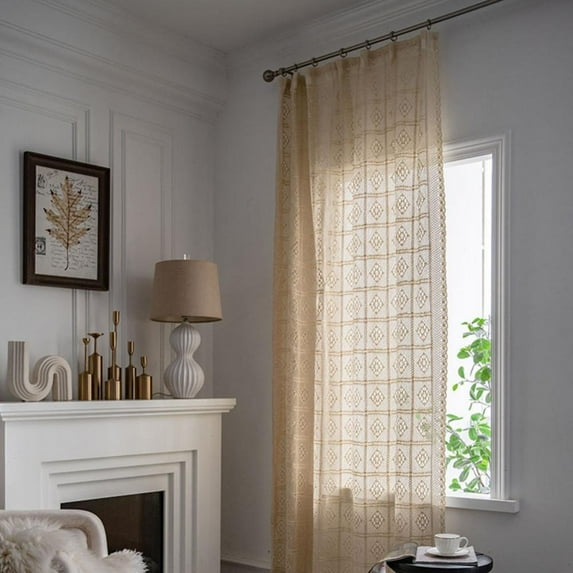 Boho Chic Crochet Knitting Cotton Linen Window Curtain Panel Farmhouse Retro Window Curtains for Bedroom Living Room Dining Room,1 Piece,39.4x71inches