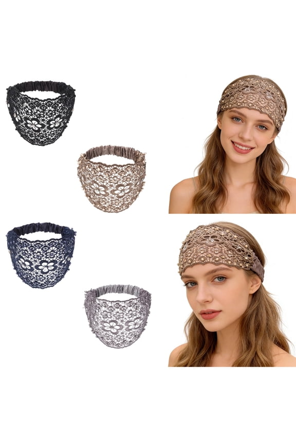 Boho-Chic Crystal & Pearl Embellished Wide Headbands 4 PCS Wide Boho Pearl Headband for Wome, Floral Beaded Lace Elastic Headband Suitable for Daily Wear