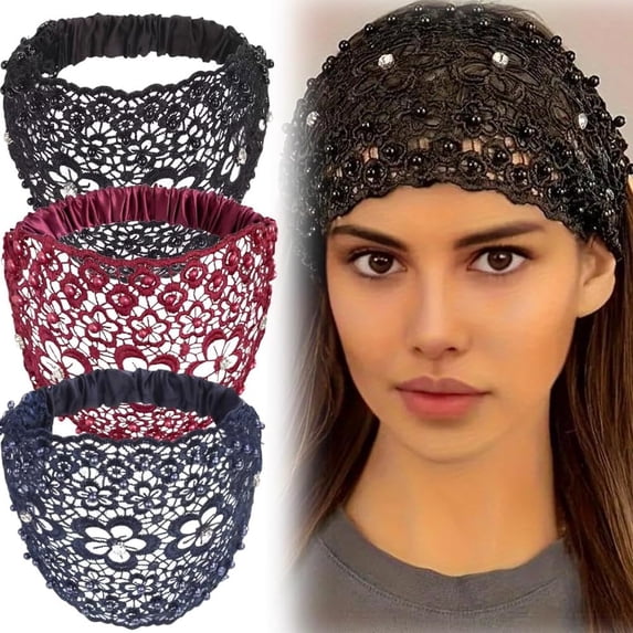 Boho-Chic Crystal & Pearl Embellished Wide Headbands Plum Blossom Hollow Elegant Floral Beaded Lace Head Coverings for Women