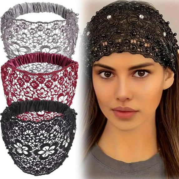 Boho-Chic Crystal & Pearl Embellished Wide Headbands Plum Blossom Hollow Elegant Floral Beaded Lace Head Coverings for Women