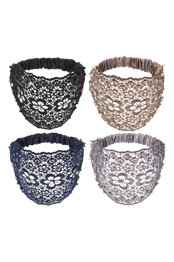 Boho-Chic Crystal & Pearl Embellished Wide Headbands Set of 4, Boho Chic Crystal and Pearl Headband, Elegant Floral Beaded Lace Head Coverings for Weddings, Vacations & Daily Styling