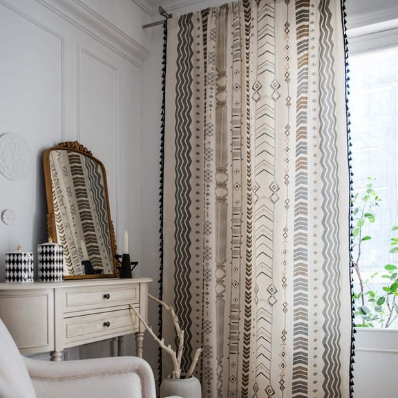Boho Chic Curtains 84 Inch - Patterned Semi-Blackout Drapes, Light Filtering Tassel Panels for Living Room, Bedroom, Office Decor, 2 Pieces