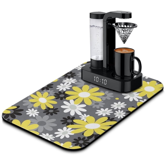 Boho Chic Daisy Print Coffee Mat, Vintage Floral Absorbent Dish Drying Mat, White Yellow Flower Kitchen Decor for Coffee Station or Sink Area