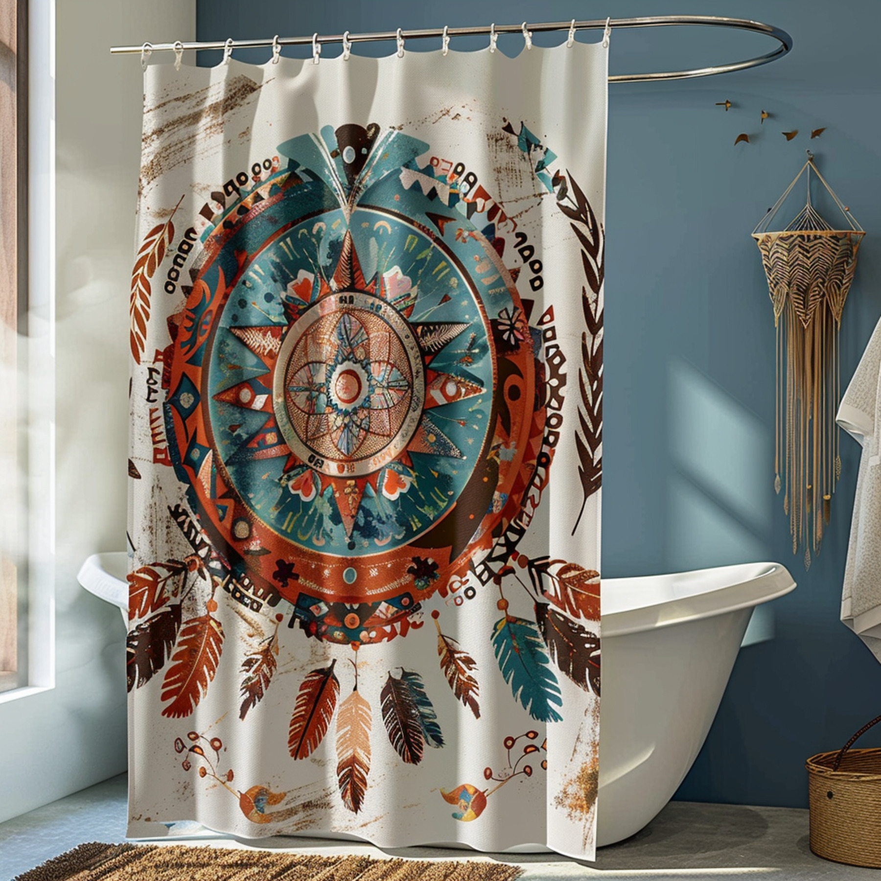 Boho Chic Dreamcatcher Shower Curtain Vibrant Tribal Design in