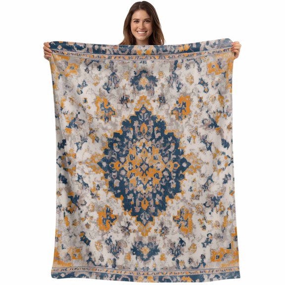 Boho Chic Ethnic Blanket Soft Cozy Warm Twin Blanket for Bed, Plush Fuzzy Flannel Fleece Blankets for Sofa, Orange Blue Vintage Tribes Throw Blankets for Couch, Lightweight Gifts for Women, 60"x80"