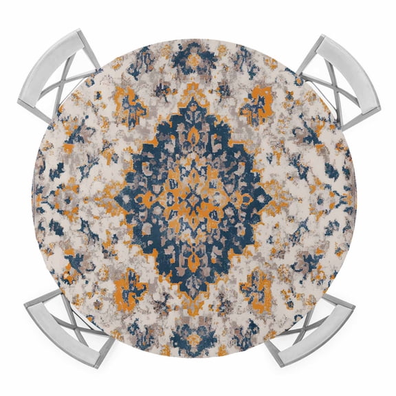 Boho Chic Ethnic Round Tablecloth for 36-44 Inch Tables, Fitted Table Cover with Elastic Edge, Orange Blue Vintage Tribes Waterproof Outdoor Table Cloth Protector for Patio Garden Dinner Picnic
