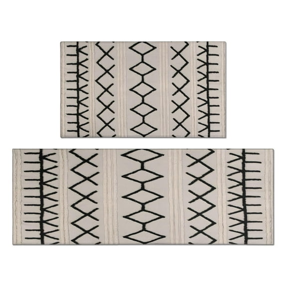 Boho Chic Farmhouse Moroccan Throw Rug - Non-Slip, Low-Pile, Washable Kitchen Rug in Rustic Tribal Black & White with Rubber Backing for Front Door
