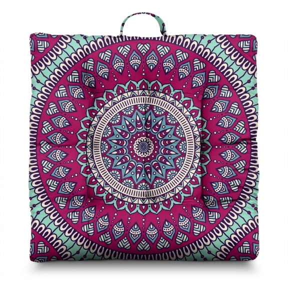 Boho Chic Floor Seating Square Mandala Meditation Cushion with Ethnic Inspired Patterns, 9-Point Tufted for Stability