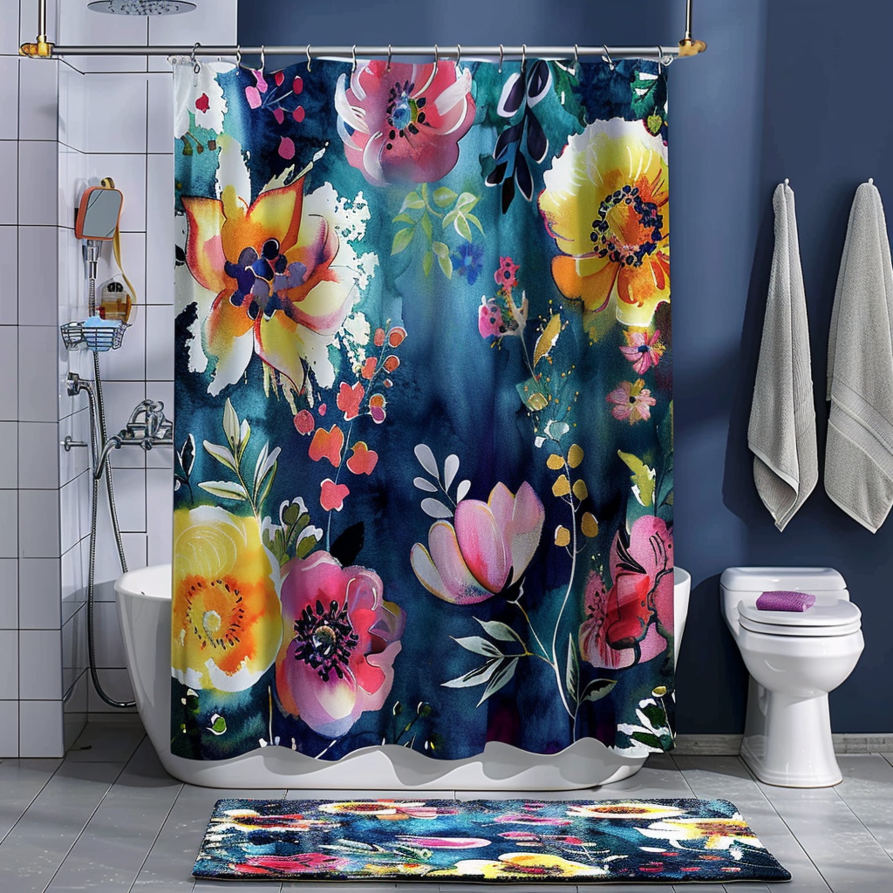 Boho Chic Floral Shower Curtain Set Dark Blue Bohemian Bathroom Decor ...