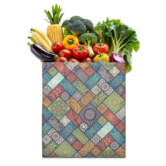 Boho Chic Foldable Reusable Shopping Tote Bag - Large 16x15" Eco-Friendly Grocery Bag with Floral Ethnic Patterns, Durable & Washable