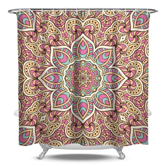 Boho Chic Folk Style Mandala Shower Curtain, Symmetrical Sacred Symbolic Design, 84x72 Inch Waterproof Machine Washable Fabric