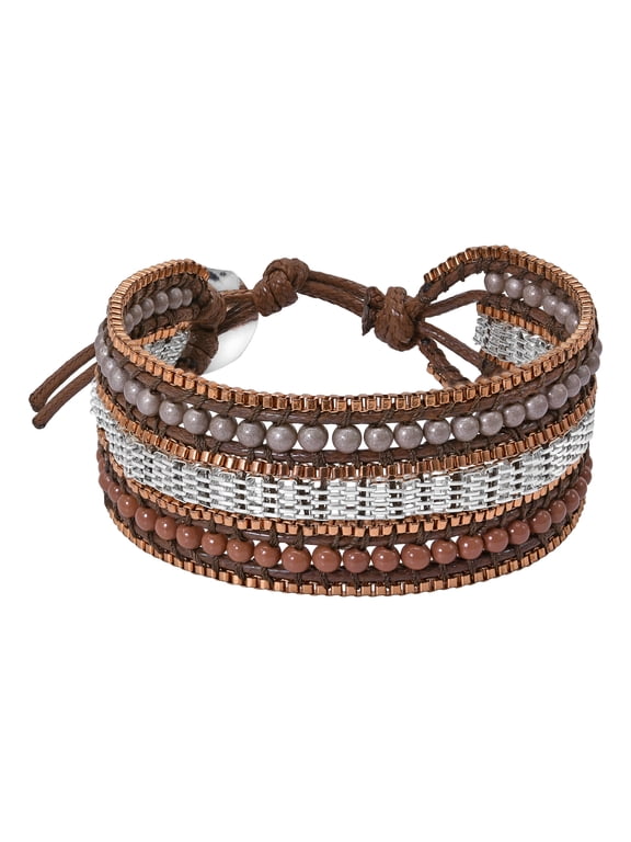 Boho Chic Grey and Brown Stone Beads Chainmail on Leather Toggle Bracelet