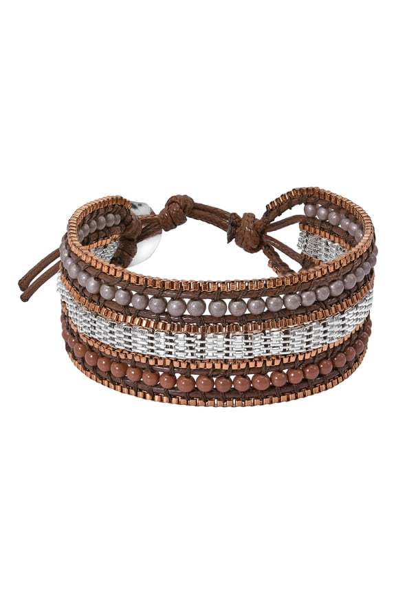 Boho Chic Grey and Brown Stone Beads Chainmail on Leather Toggle Bracelet