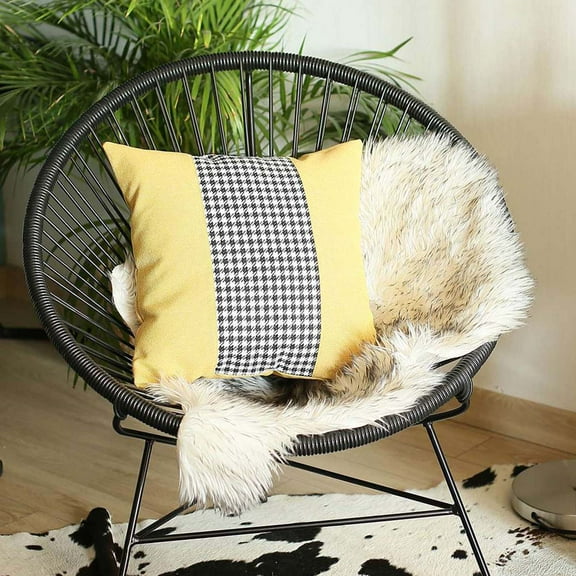Boho-Chic Handcrafted Decorative Single Throw Pillow Cover Houndstooth 18" x 18" Yellow & Black Square Pillowcase for Couch, Bedding