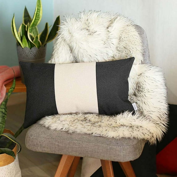 Boho-Chic Handcrafted Decorative Single Throw Pillow Cover Solid Jacquard 12" x 20" Black & Ivory Lumbar Pillowcase for Couch, Bedding