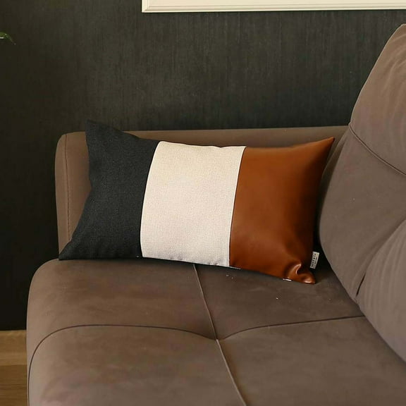Boho-Chic Handcrafted Decorative Single Throw Pillow Cover Vegan Faux Leather Solid 12" x 20" Black & Ivory & Brown Lumbar for Couch, Bedding