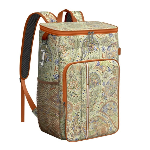 Boho Chic Insulated Cooler Backpack - 20L Vintage Paisley Pattern Soft Cooler Bag, Leakproof Lunch Backpack for Camping, Beach & Picnic, Holds 26 Cans