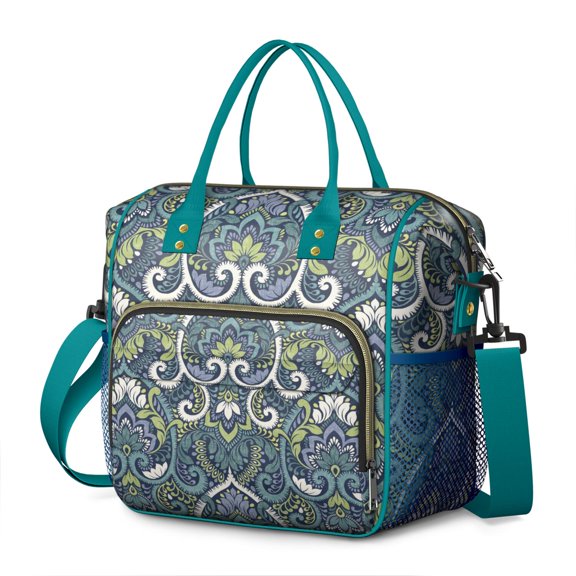 Boho Chic Insulated Lunch Box for Women, Large Leakproof Dual Compartment Cooler Tote with Vintage Rustic Patterns, Collapsible Lunch Bag for Work or Beach